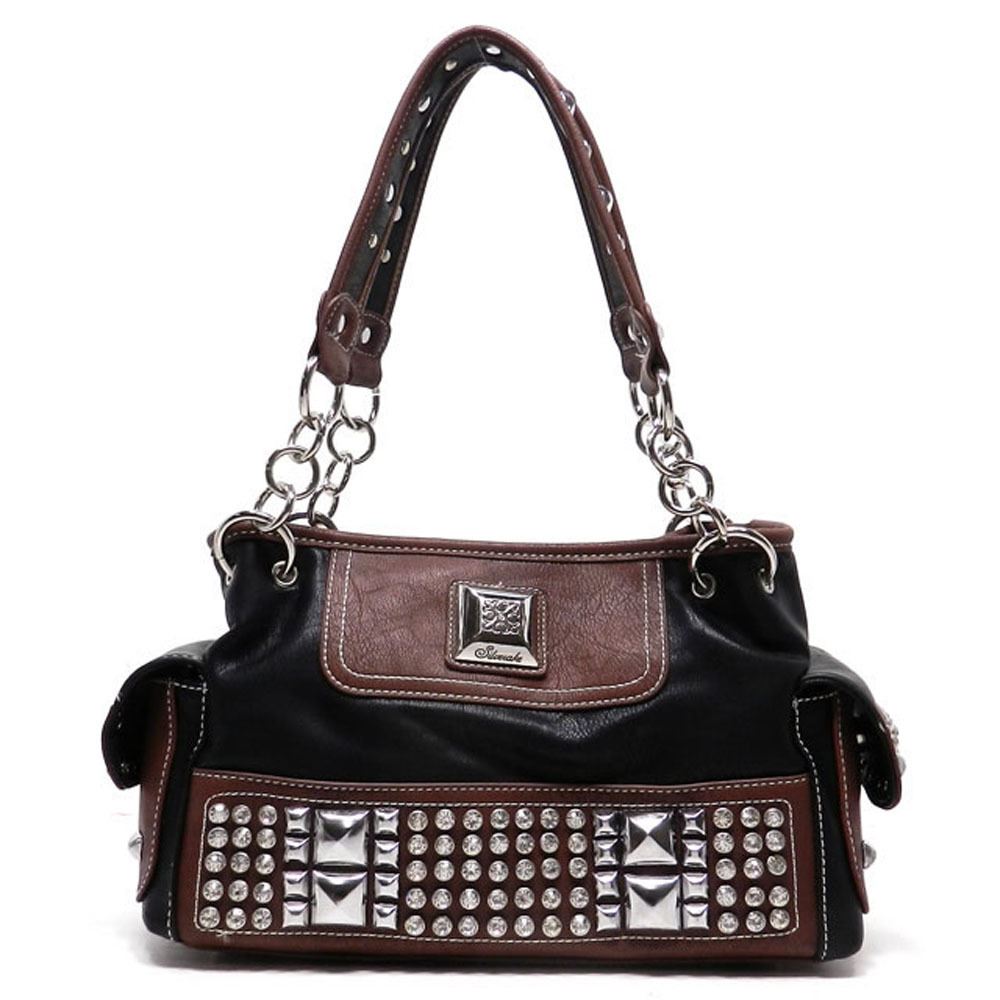 black brown pocket satchel Bag Handbag bling Chain Rhinestone Silverake