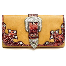 Load image into Gallery viewer, Crocodile L wallet checkbook Designer Inspire Belt buckle Brown Stud Rhinestone
