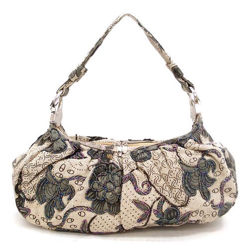 Bolso de lona de mezclilla con cuentas de semillas Bolso de diseñador Flora bordada azul