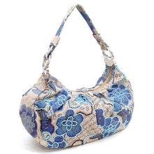 Cargar imagen en el visor de la galería, Bolso de lona de mezclilla con cuentas de semillas Bolso de diseñador Flora bordada azul
