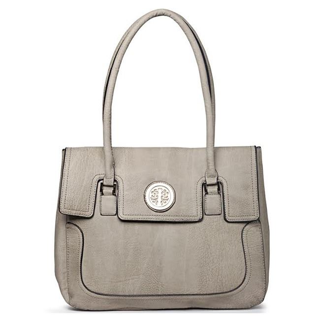 Bolso tipo cartera con medallón Bolso de diseñador Inspirado en flora dorada Bolsillos con solapa y cremallera en gris