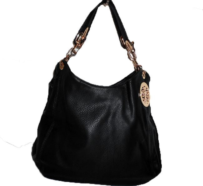 Flora Gold medallion Chain Satchel Hobo Bag Handbag Designer Black Ds Embossed