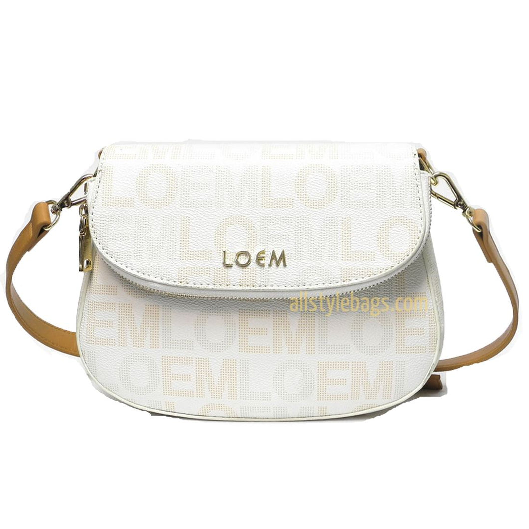 Bolso bandolera LOEM con estampado de firma en color crema y bolsillos tipo cangurera en color beige