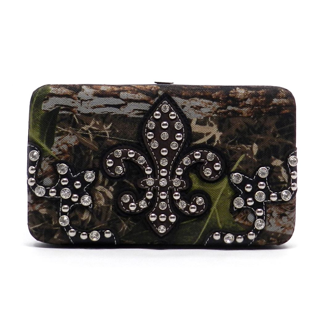 Fleur De Lis canvas western Camouflage Frame L Wallet studs rhinestone woman