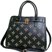Load image into Gallery viewer, Designer Inspired black LOEM lock Rhinestone Stud Shoulder bag handbag Tote
