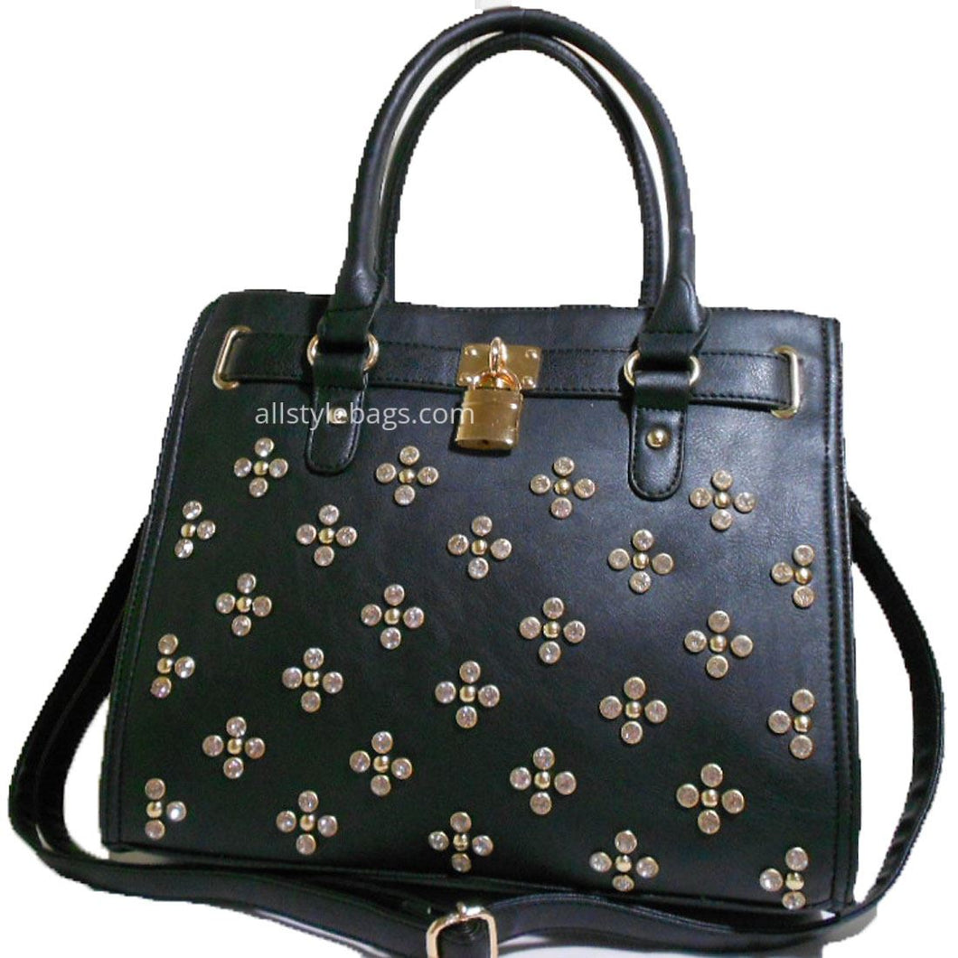 Designer Inspired black LOEM lock Rhinestone Stud Shoulder bag handbag Tote