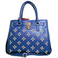 Cargar imagen en el visor de la galería, Bolso de mano con diseño inspirado en el diseñador, con cierre LOEM en color azul marino y tachuelas de diamantes de imitación
