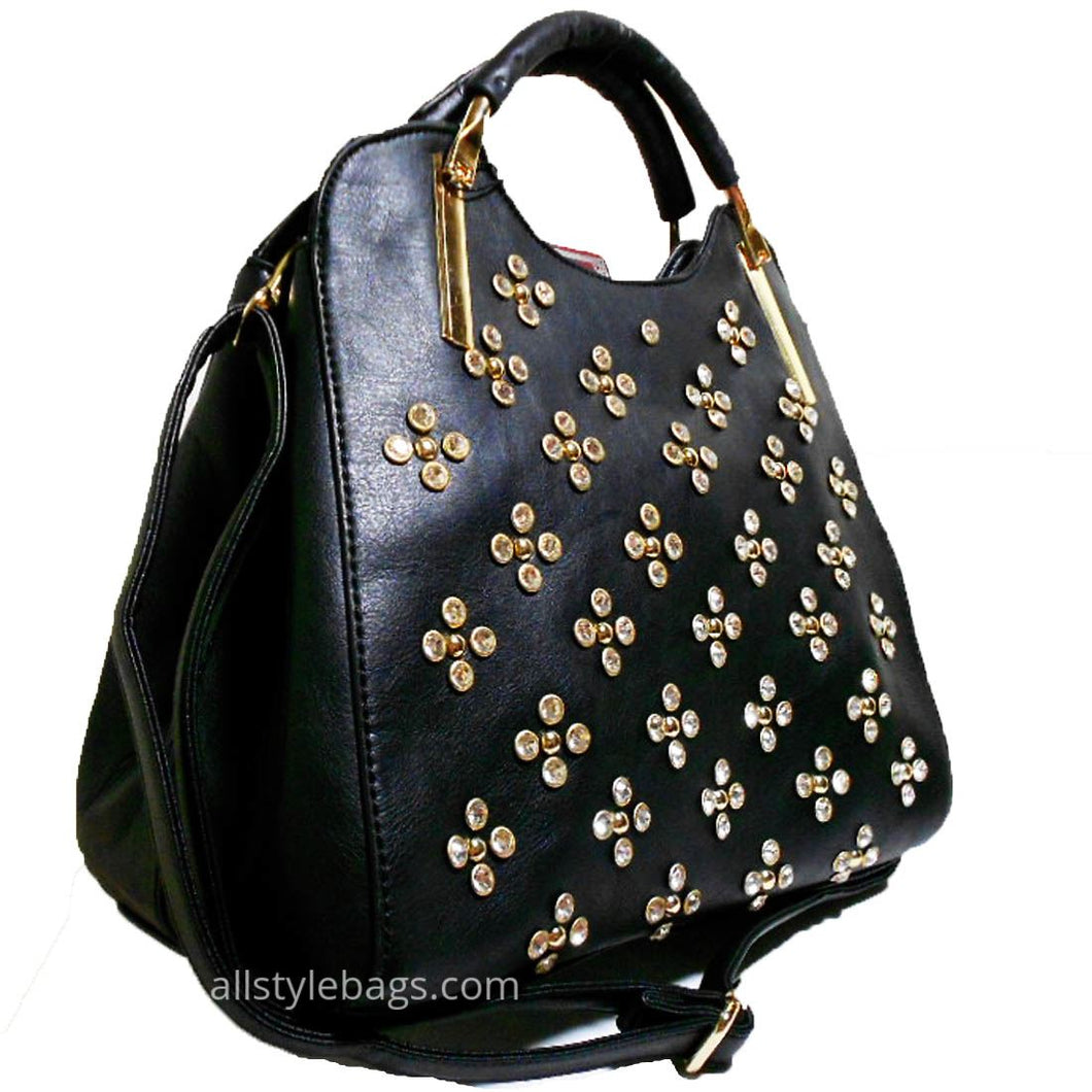 Designer inspired black LOEM Polka Flora Rhinestone Studs Shoulder bag handbag