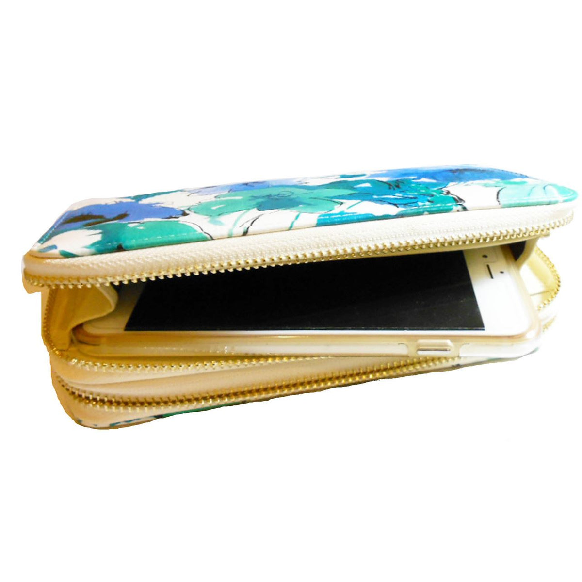 flower graphic print blue green dual zipper pockets bills coins wallet – allofpu