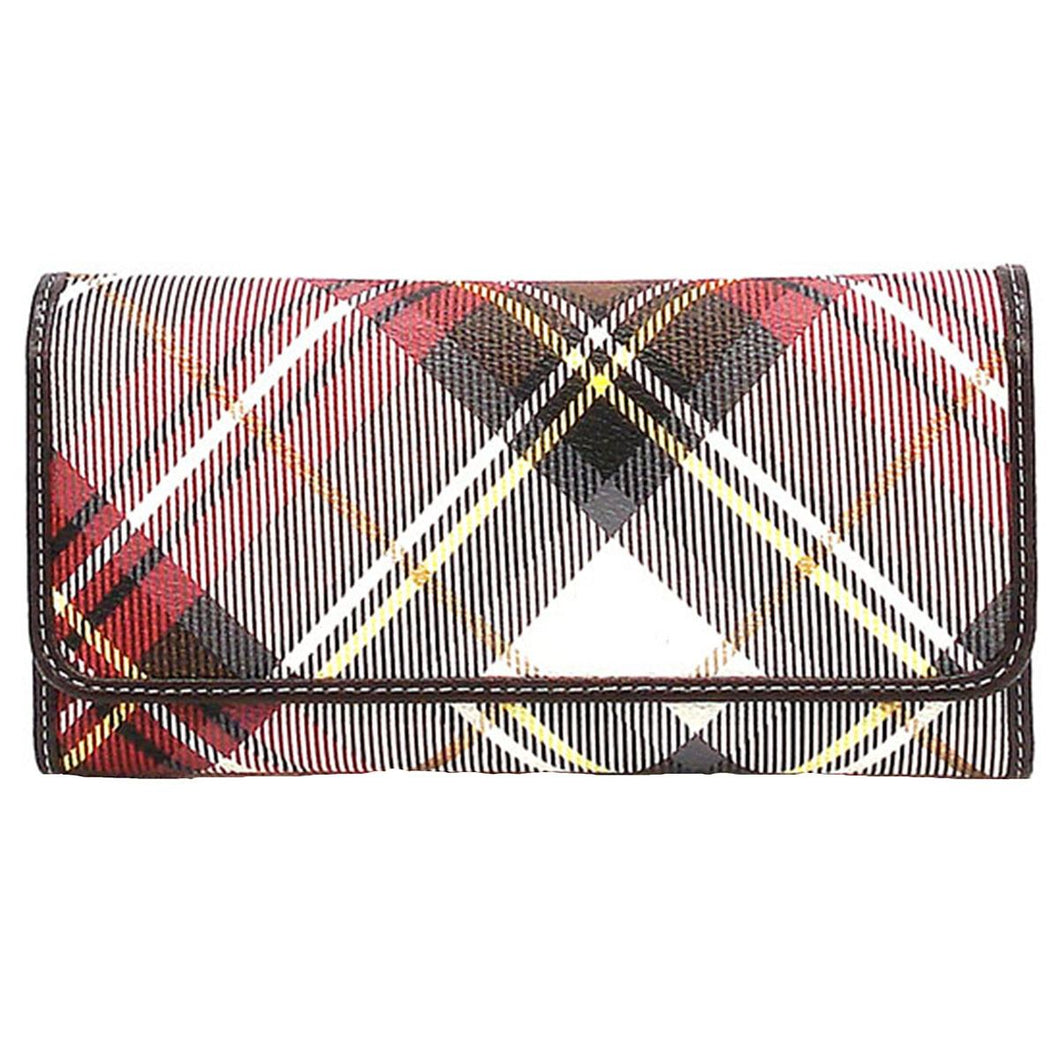 Designer inspired brown red multi colors checker plaid woman L checkbook wallet