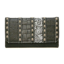 Load image into Gallery viewer, Designer inspired silverake black grey pup strip patchwork woman checkbook L wallet
