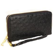 Load image into Gallery viewer, Designer inspired faux ostrich black zipper pockets CD&#39;s bills coins woman L wal
