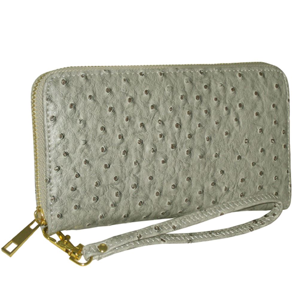 Bolsillos con cremallera de imitación de avestruz gris inspirados en diseñadores, CD, billetes, monedas, mujer, L, pared