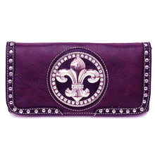 Load image into Gallery viewer, Fleur De Lis silver tone studs purple checkbook L wallet Designer inspired
