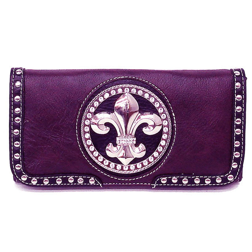 Fleur De Lis silver tone studs purple checkbook L wallet Designer inspired