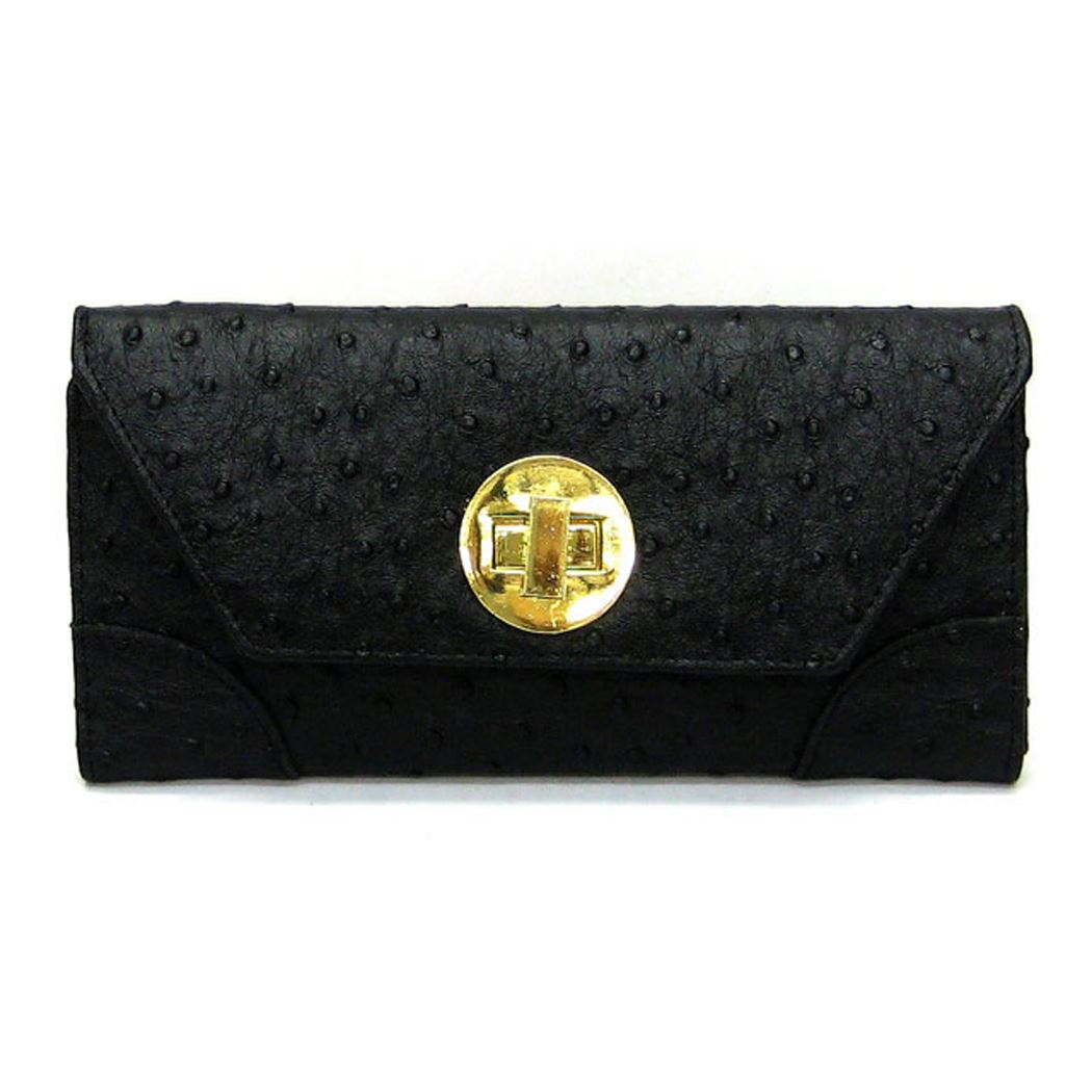 Black Flap wallet Golden Lock Ostrich Credit Card Pockets Wrist Designer