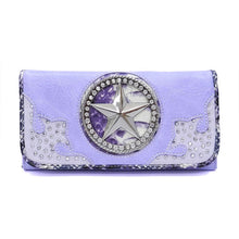 Load image into Gallery viewer, Fleur De Lis lavender checkbook L wallet Designer inspired rhinestone woman

