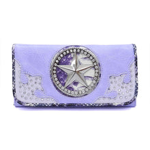 Cargar imagen en el visor de la galería, Cartera tipo chequera Fleur De Lis lavanda en forma de L con diamantes de imitación inspirados en el diseñador
