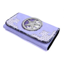 Load image into Gallery viewer, Fleur De Lis lavender checkbook L wallet Designer inspired rhinestone woman
