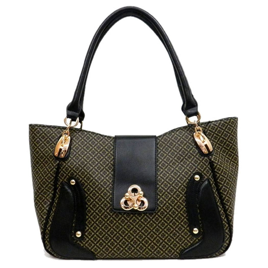 Bolso de mano LBA con estampado de lunares y candado dorado en color negro, color hiedra negra FM232
